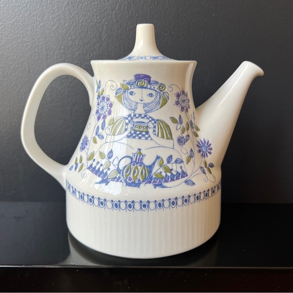 Vintage Figgjo Lotte Norway White and Blue Teapot Coffee Pot As Is Whimsical 60s - Picture 1 of 9